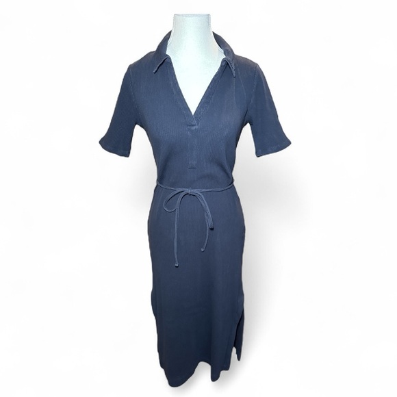 Boden Navy Ribbed Jersey Midi Shirt Dress Belted Collared Short Sleeve Sz 6 - Picture 6 of 13